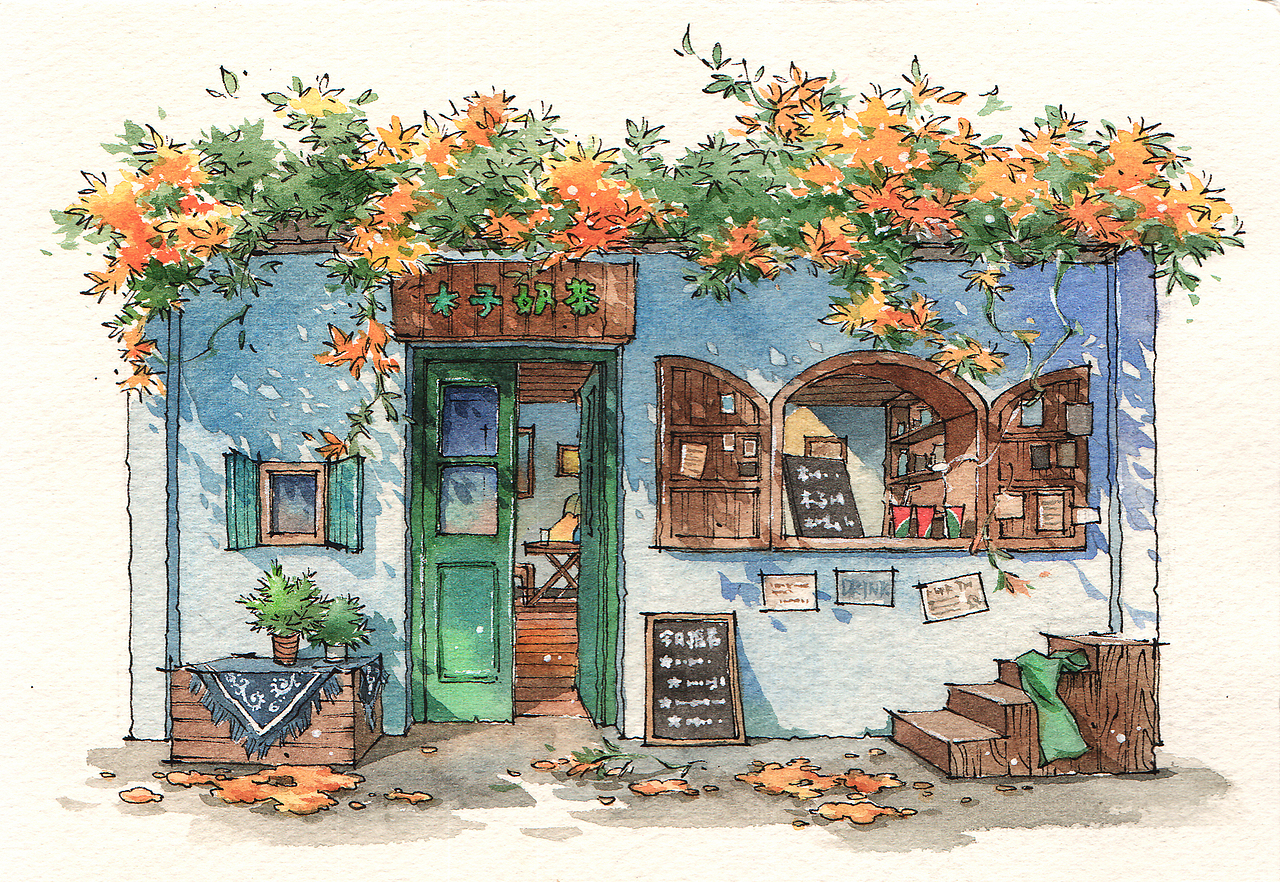 小街小店,春色正好。(图ZODczNTQ5ODA=) - 商业插画 - 站酷设计师木香子Ivana原创素材 - 站酷ZCOOL