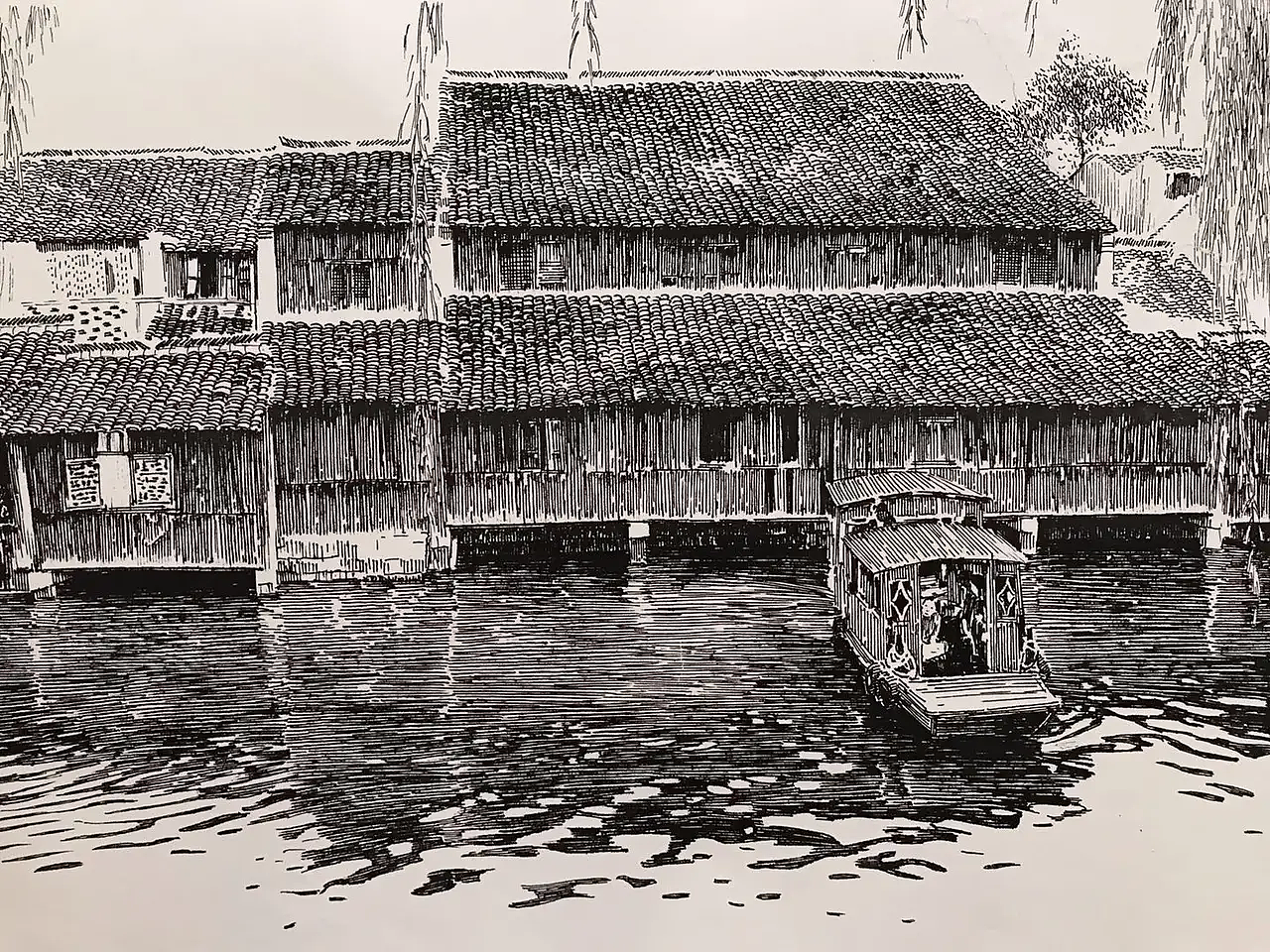 钢笔画江南水乡