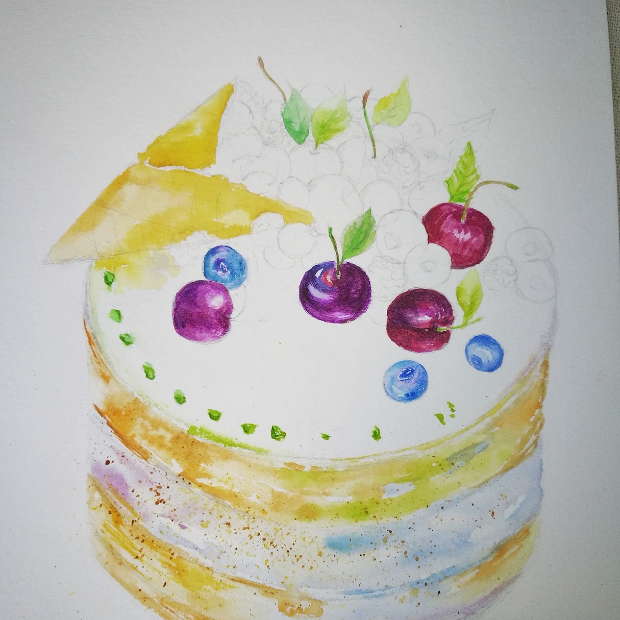 蓝莓蛋糕水彩过程
