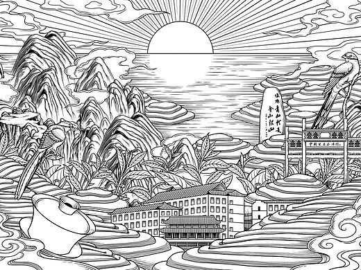 茶园风光 喜上枝头 黑白插画手绘