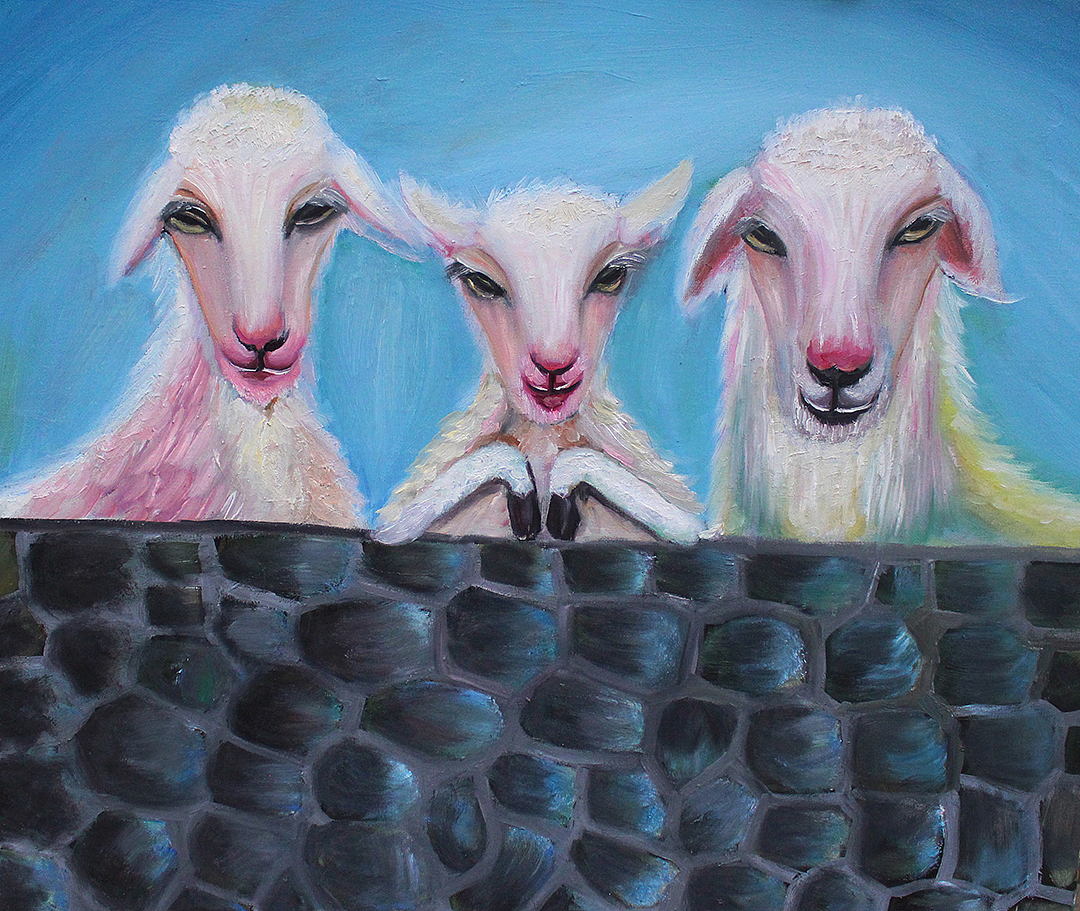 油画创作墙头的绵羊一家