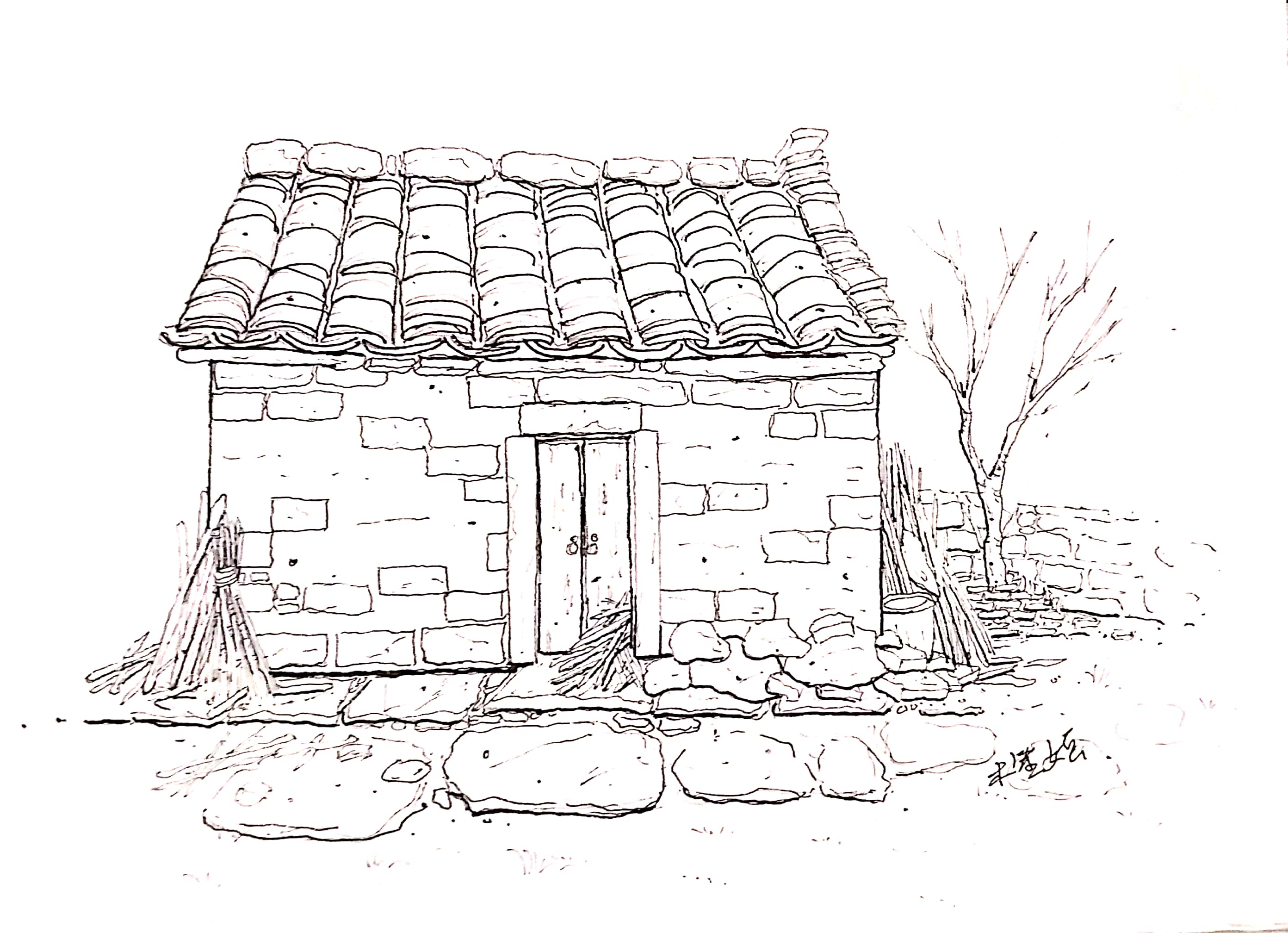 家乡的老房子绘画图片