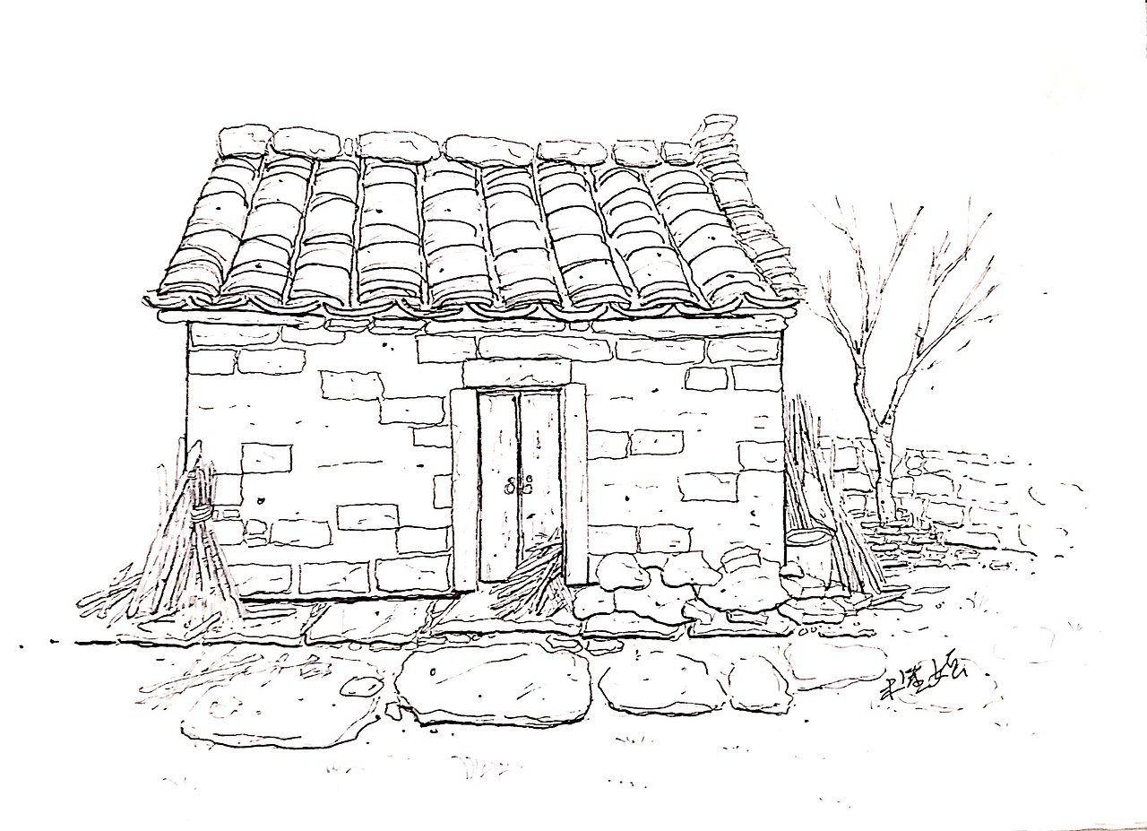 钢笔淡彩老房子线稿