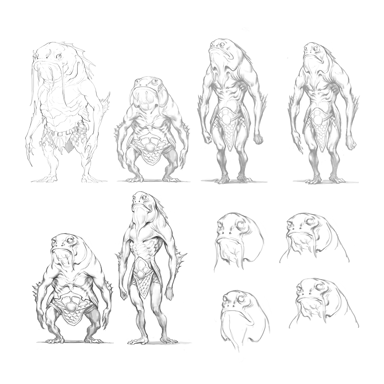 设计最初先从两个角色本身开始,两兄弟搭配一高一矮一胖一瘦一只鲶鱼一只黑鱼,除了在区分两只鱼的品种上差别以外,最主要的就是俩鱼精的表情和性格差异,这个真挺难,过去做游戏人设遇到这种角色基本上是清一色的凶神恶煞、猥琐下流的反派杂兵,所以这次的设计不想打打杀杀和屌炸炫酷,而是简单化,更多的突出两个龙套角色的性格交流,然后在设计出两个角色的整体形象后,就是不断的调整面部的细微变化。