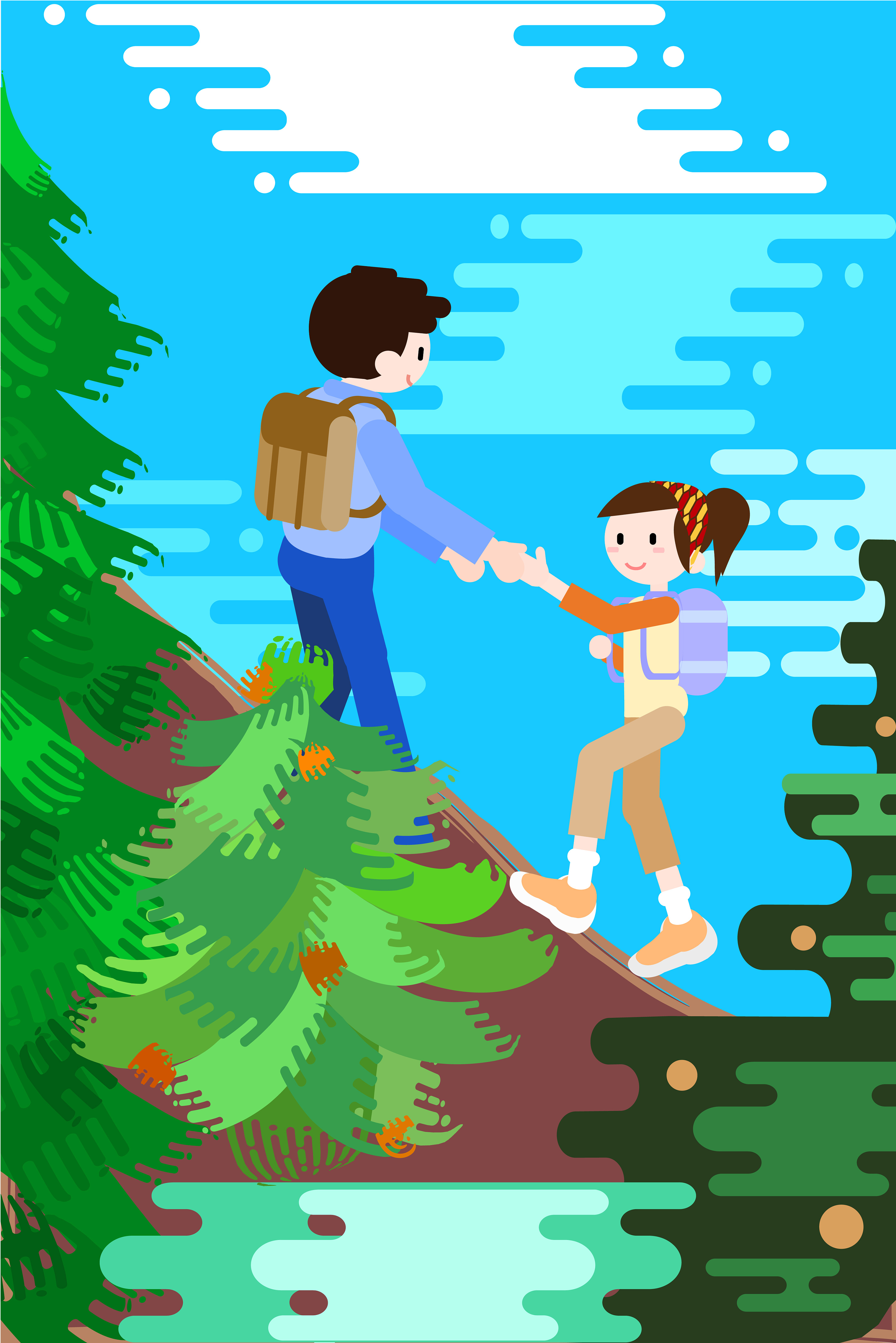 蓝色绿色户外爬山恋人约会矢量新插画