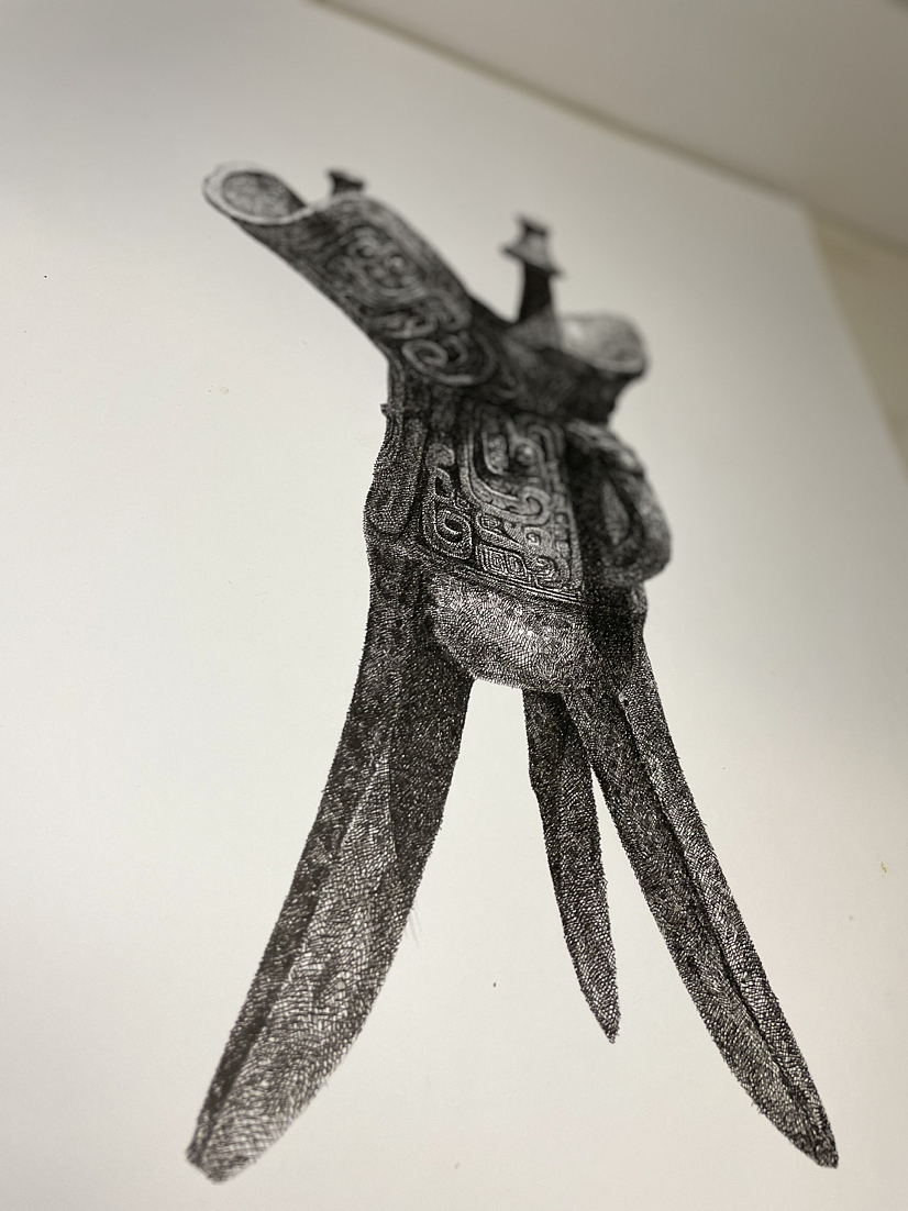 文物钢笔画-西周•凤鸟纹青铜爵杯