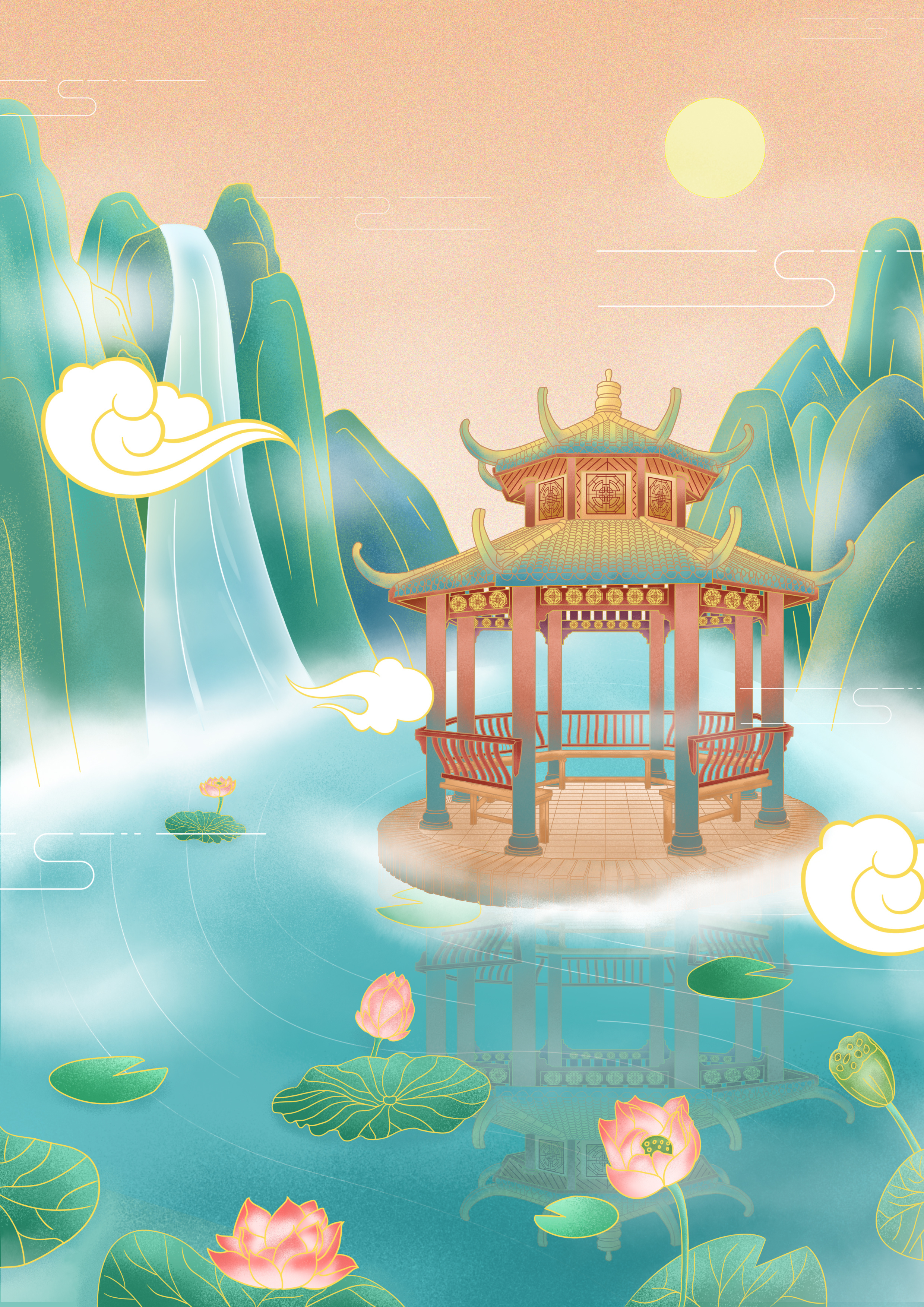 国潮建筑-荷塘晚亭|插画|商业插画|浮生如寄 - 原创作品 - 站酷