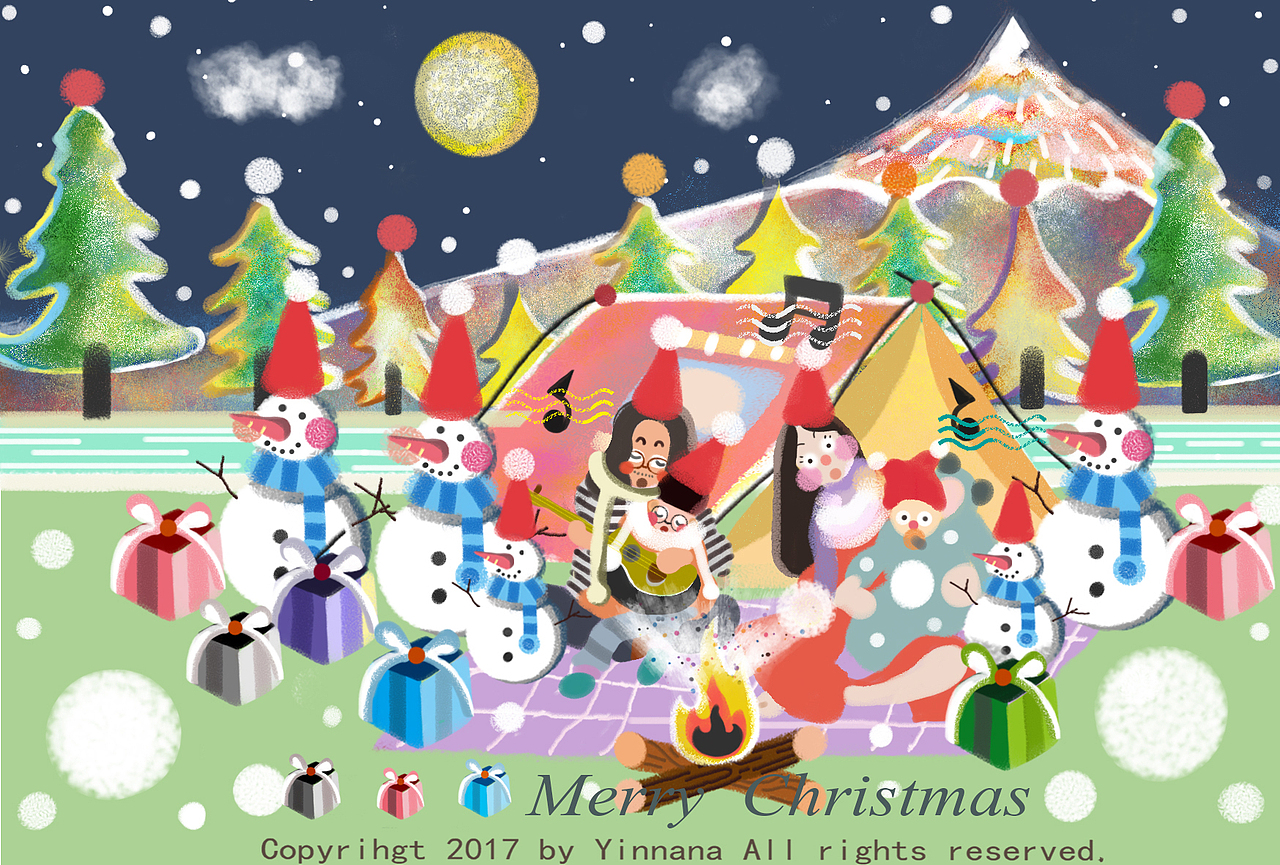 12月份的第二幅圣诞节插画,故事里的男主角女主角是环游世界的一对夫妻,手里抱着的是他们的孩子,一家四口环游世界的真实美好的故事。