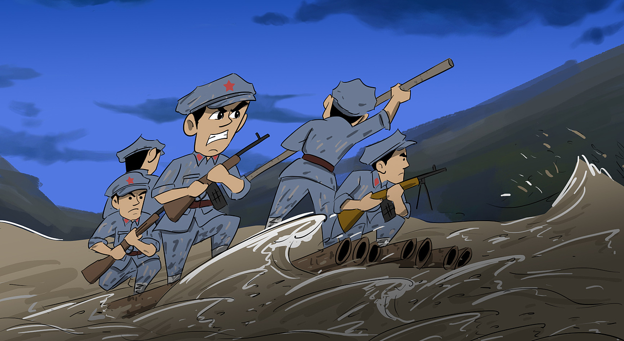 4、黄昏后,担任夜间偷渡的红4团1营的勇士们,沉着肃静,集结江边。1连五名战士首先登筏,偷偷地往江中划去,敌人并未发觉,但因水流太急,黑夜不辨方向,被江水顺流冲下2里多,才靠南岸,弃筏沿岸摸索而回。在第一筏出发不久后,3连连长毛正华率传令员一人(马枪一支),轻机枪员二人(机枪一挺),乘坐第二筏也往江中划去,但也没了音讯。第三筏划至中流,无法前进,不得不折回。偷渡又失败了。