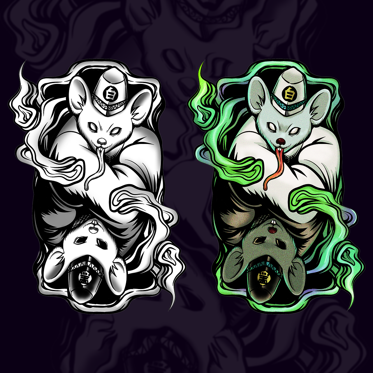 “鬼鼠”系列第一张
“鬼鼠”在广东话里就是暗地搞鬼的意思,考虑到是一个贬义词,怎么把它变为一个比较正面的形象呢?最后我选择了一个比较闻名的抓鬼的鬼:黑白无常的形象,既符合“鬼鼠”的字面意思,又是比较正面的形象。