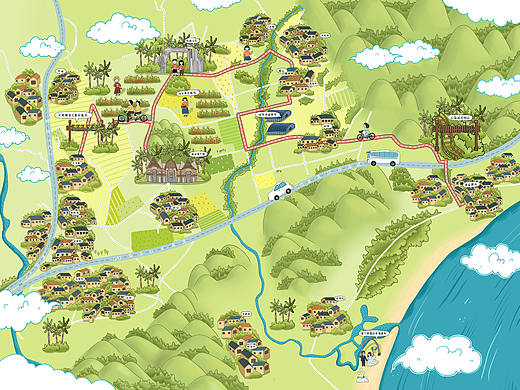 陵水縣圣女果騎行路線手繪地圖（個(gè)人主頁-ZMzA1MTgwMzY=） - 商業(yè)插畫 - 站酷設(shè)計(jì)師青個(gè)蛋子原創(chuàng)素材 - 站酷ZCOOL