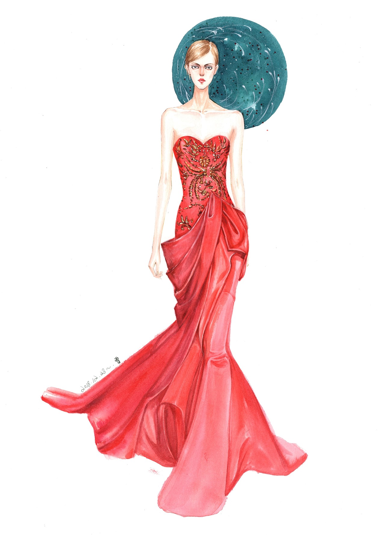 服装手绘～水彩～红色礼服