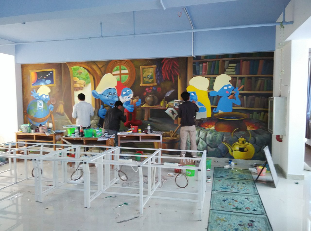 昆明蓝精灵网咖会所墙体彩绘锦泰彩绘13619634903