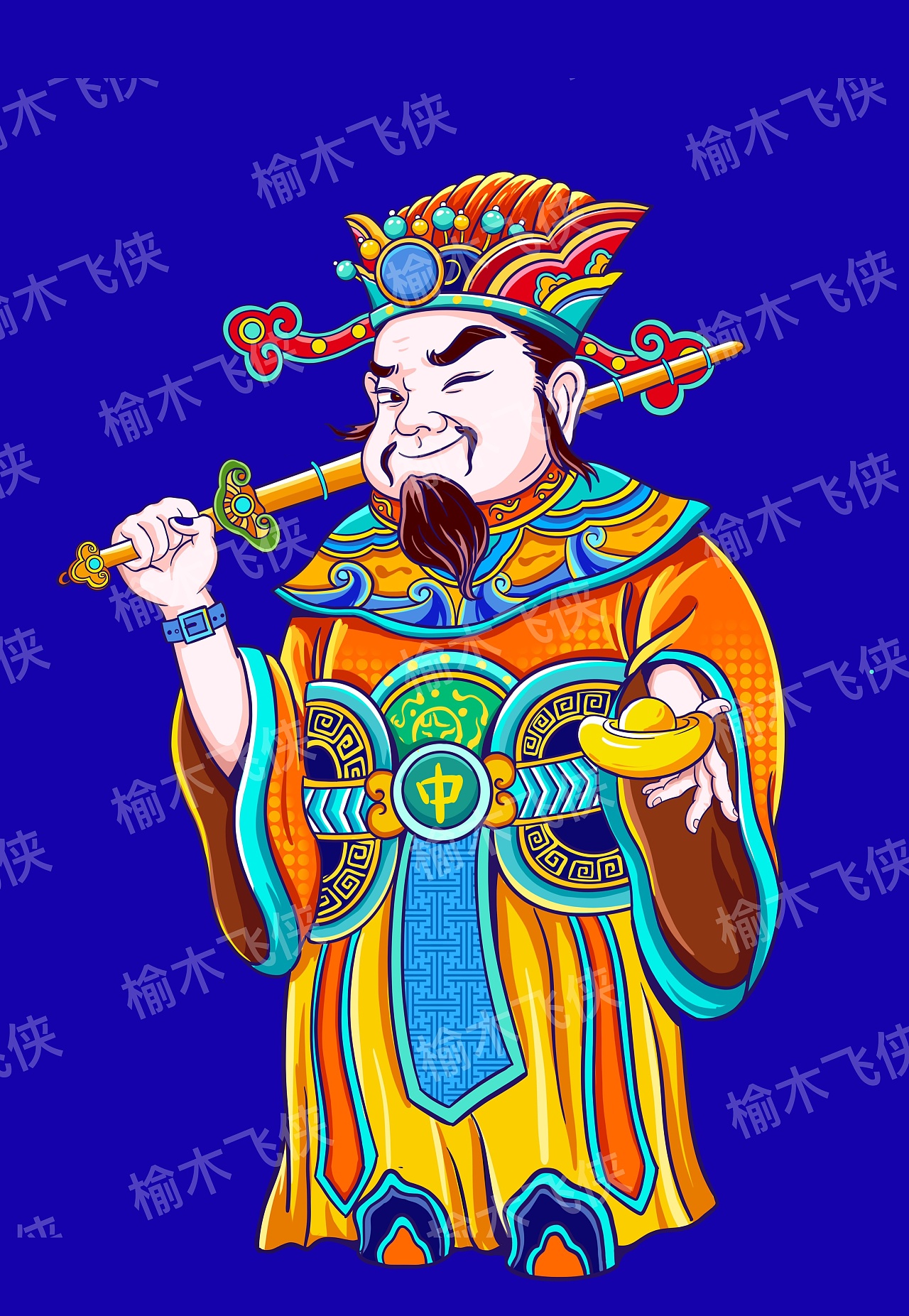 五福财神原创国潮商业插画