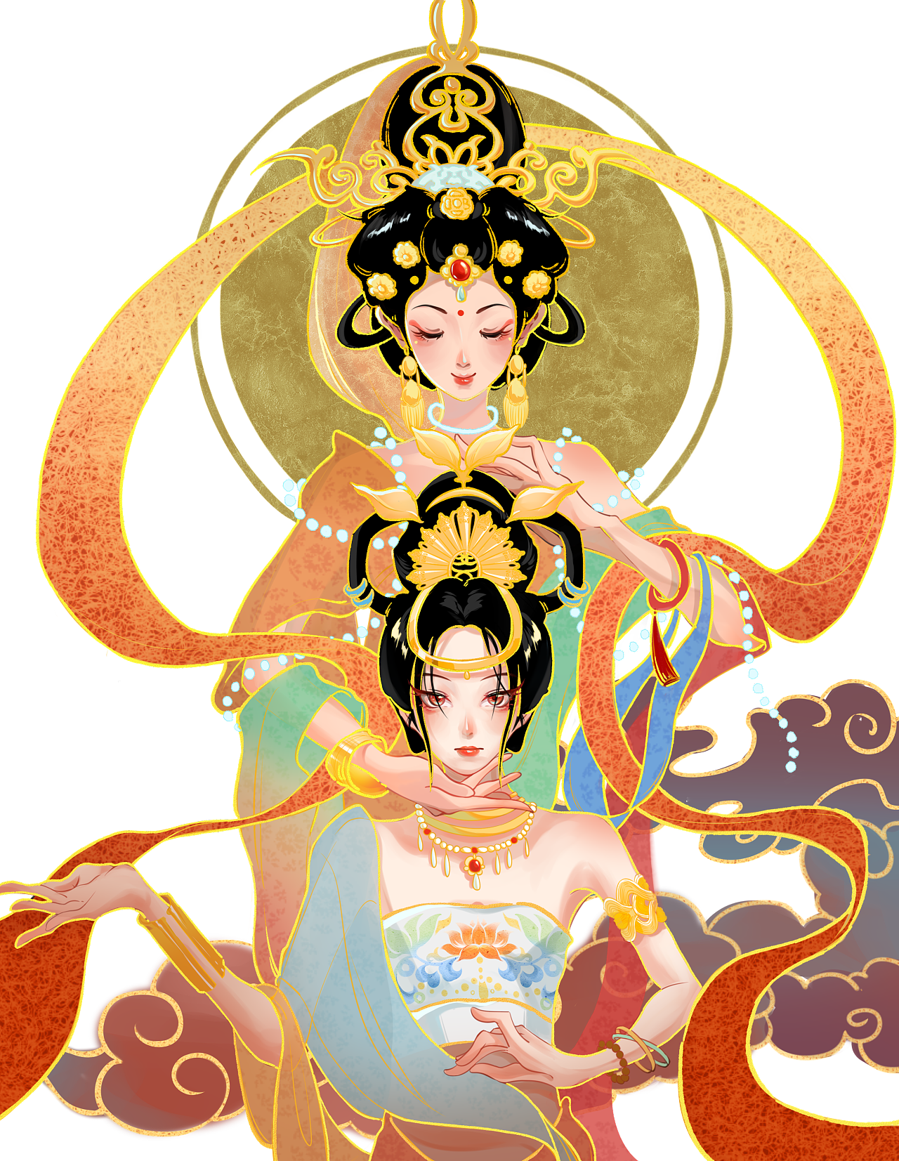 国潮国风插画/敦煌飞天壁画/一梦飞仙