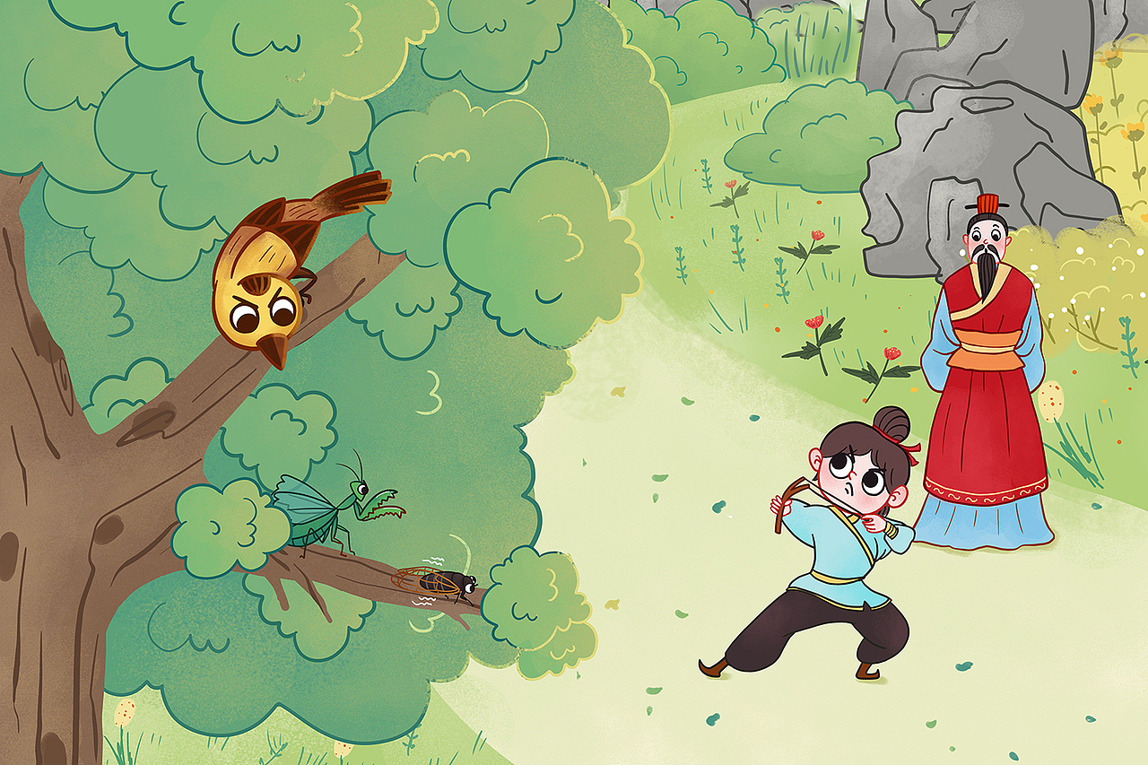 描述了螳螂捕蝉黄雀在后的故事~杭州/插画师/3年前/626浏览小花椒呀