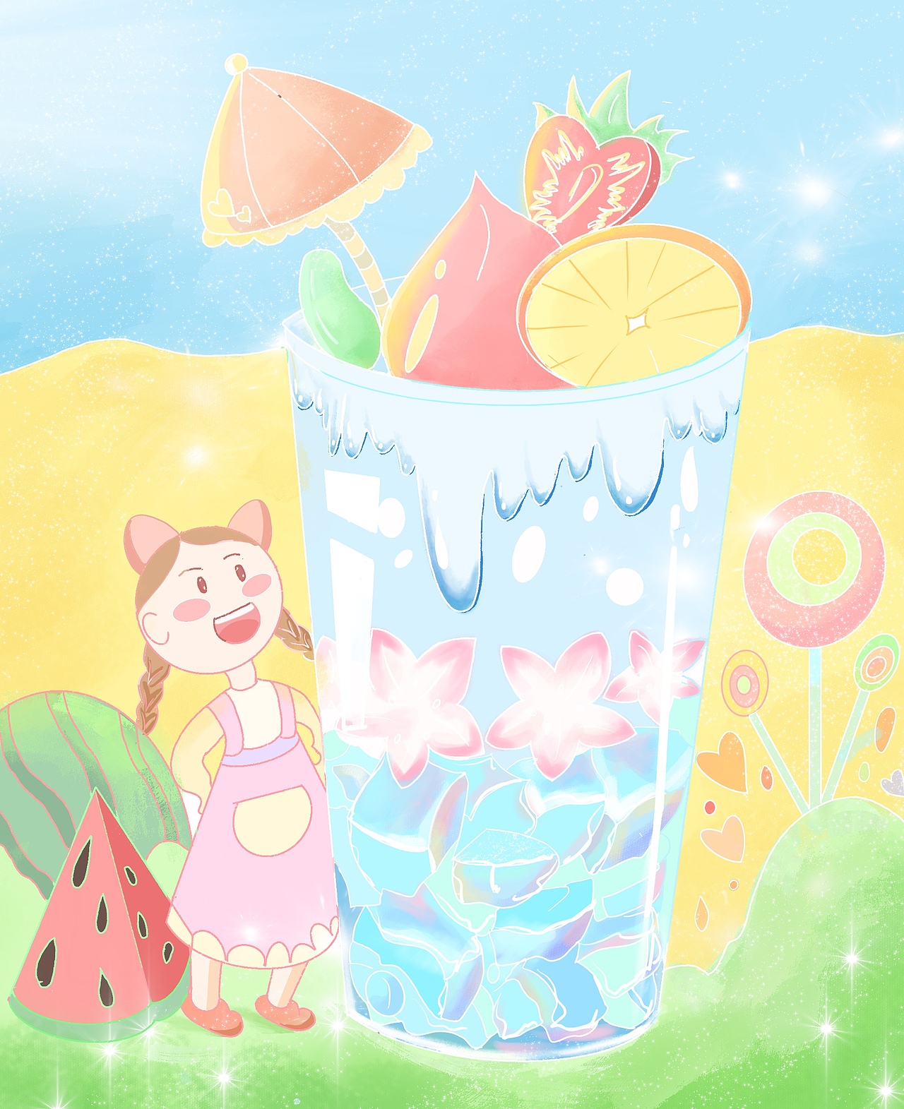 夏日奶茶插画清凉