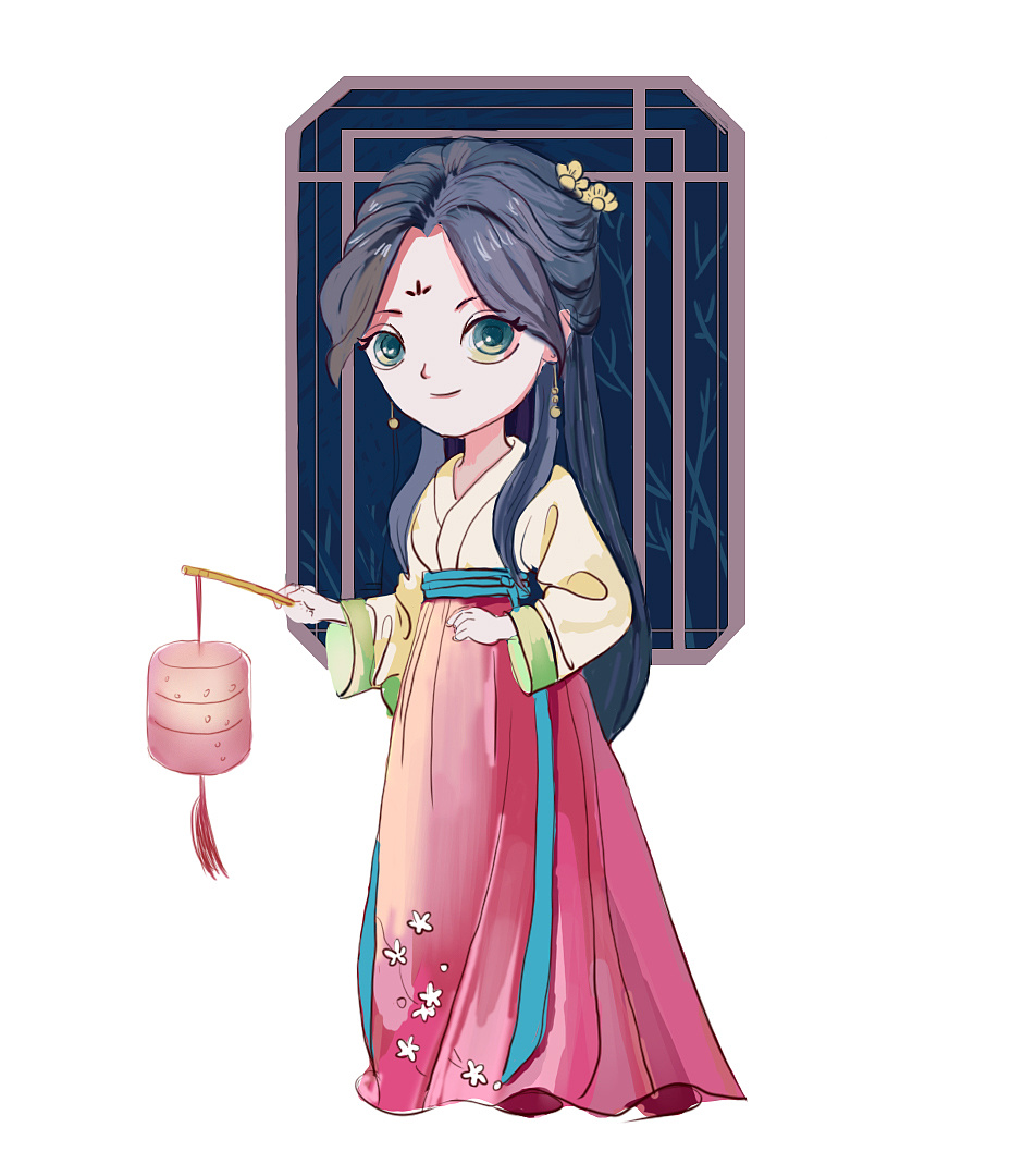 手绘插画古典美女打灯笼