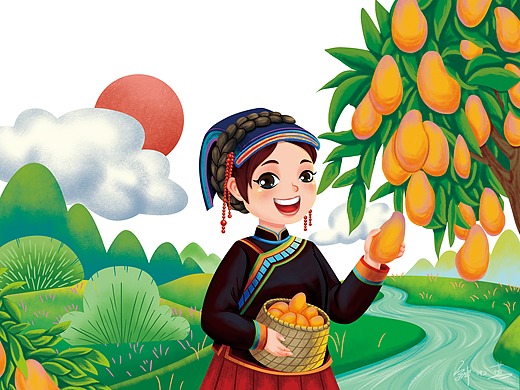 彝族妹子摘芒果-包装插画