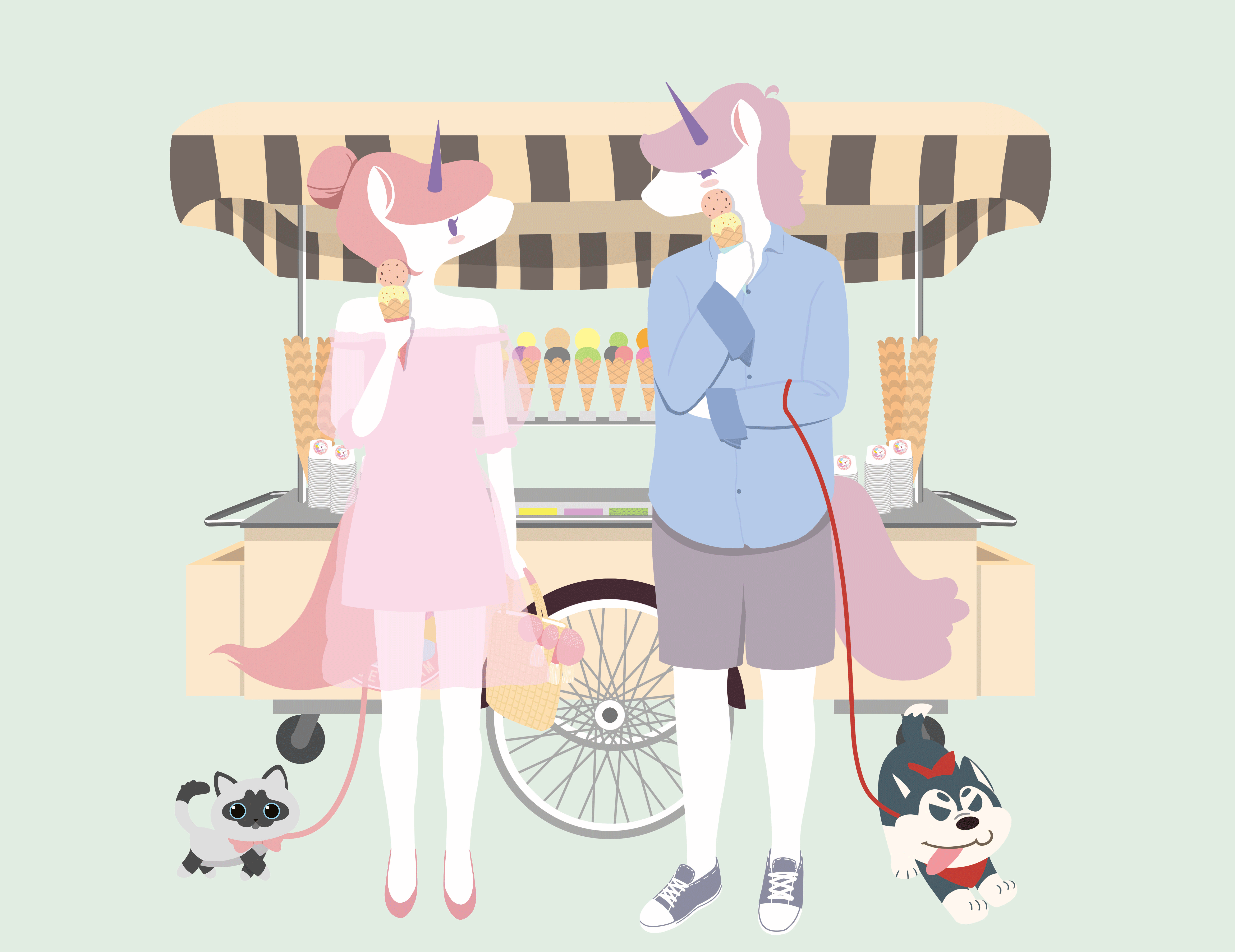 独角兽情侣冰淇淋车（图ZMTk0MDQ3MDQw） - 商业插画 - 站酷设计师黑羽纱织原创素材 - 站酷ZCOOL