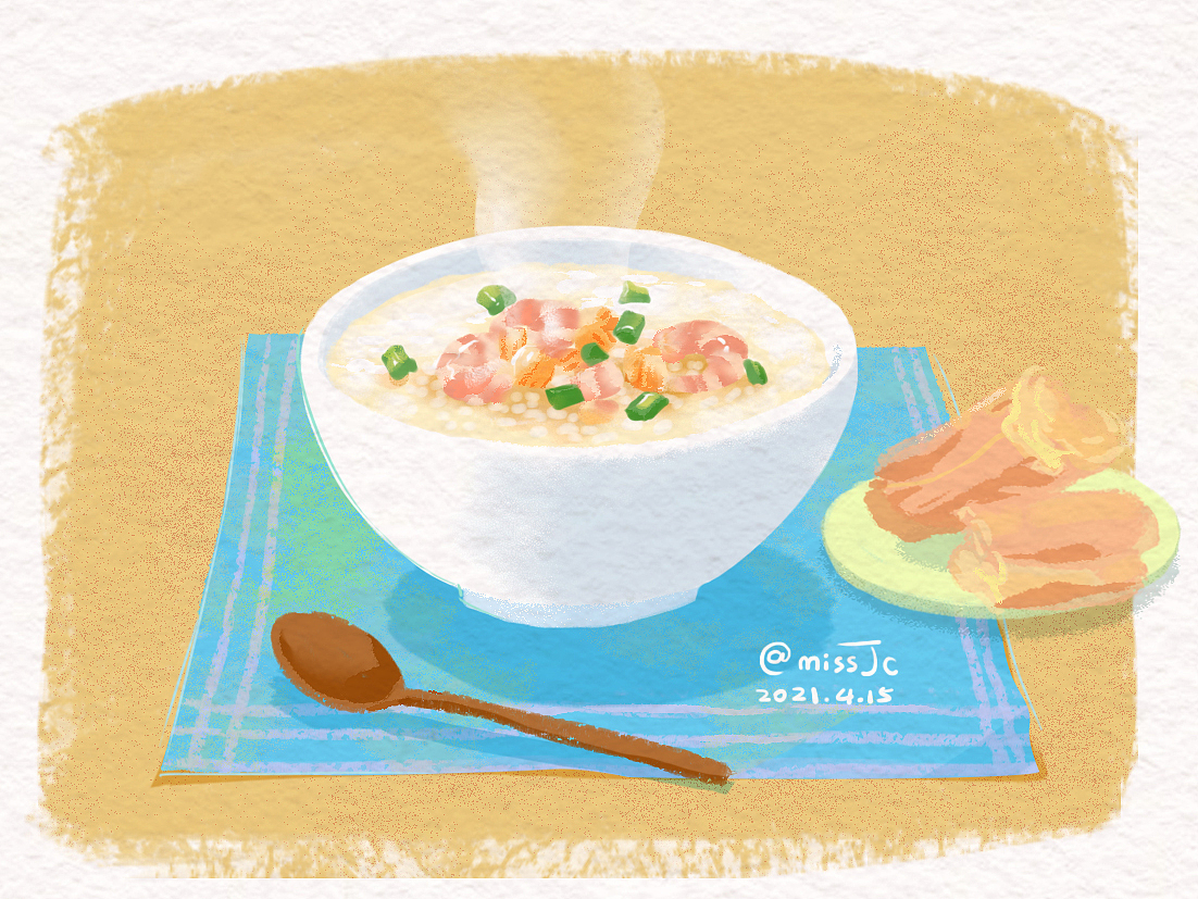 原创海鲜粥油条手绘美食插画扁平风文创