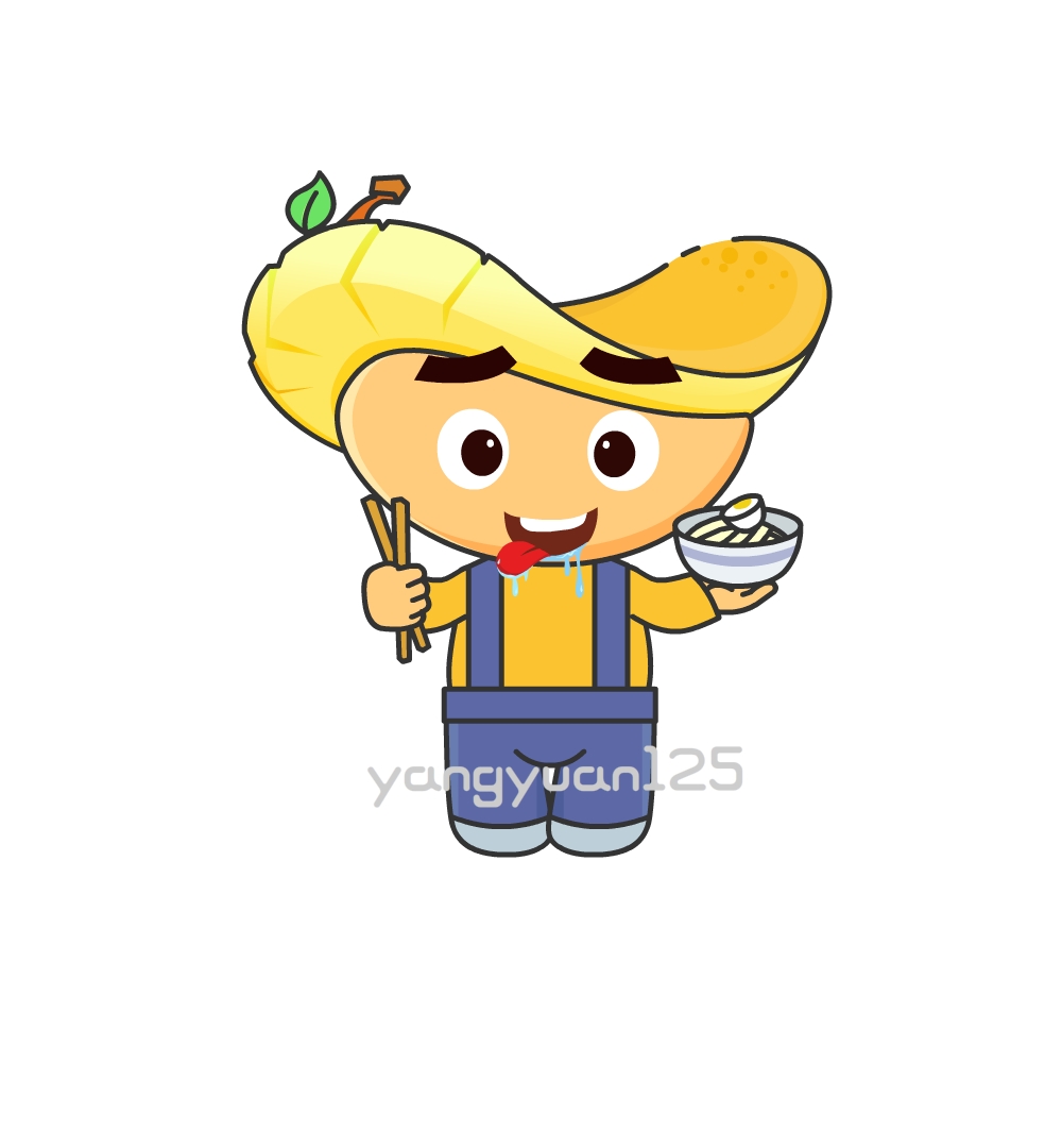 这是一个芒果形象的卡通人物,小男孩,爱吃,随时端着碗准备干饭的那种.