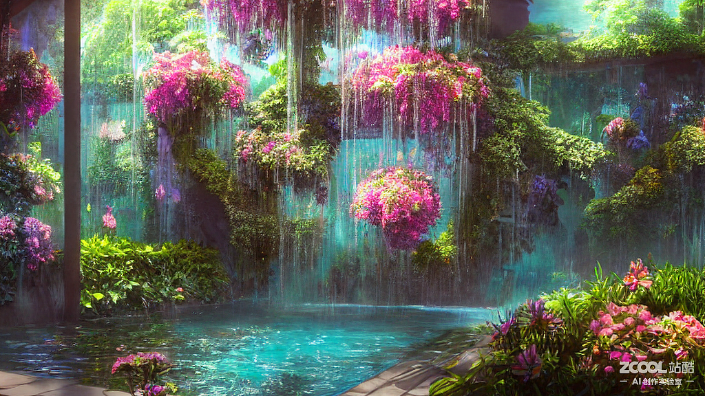 #AI创作实验室#玻璃做的房间和水和花