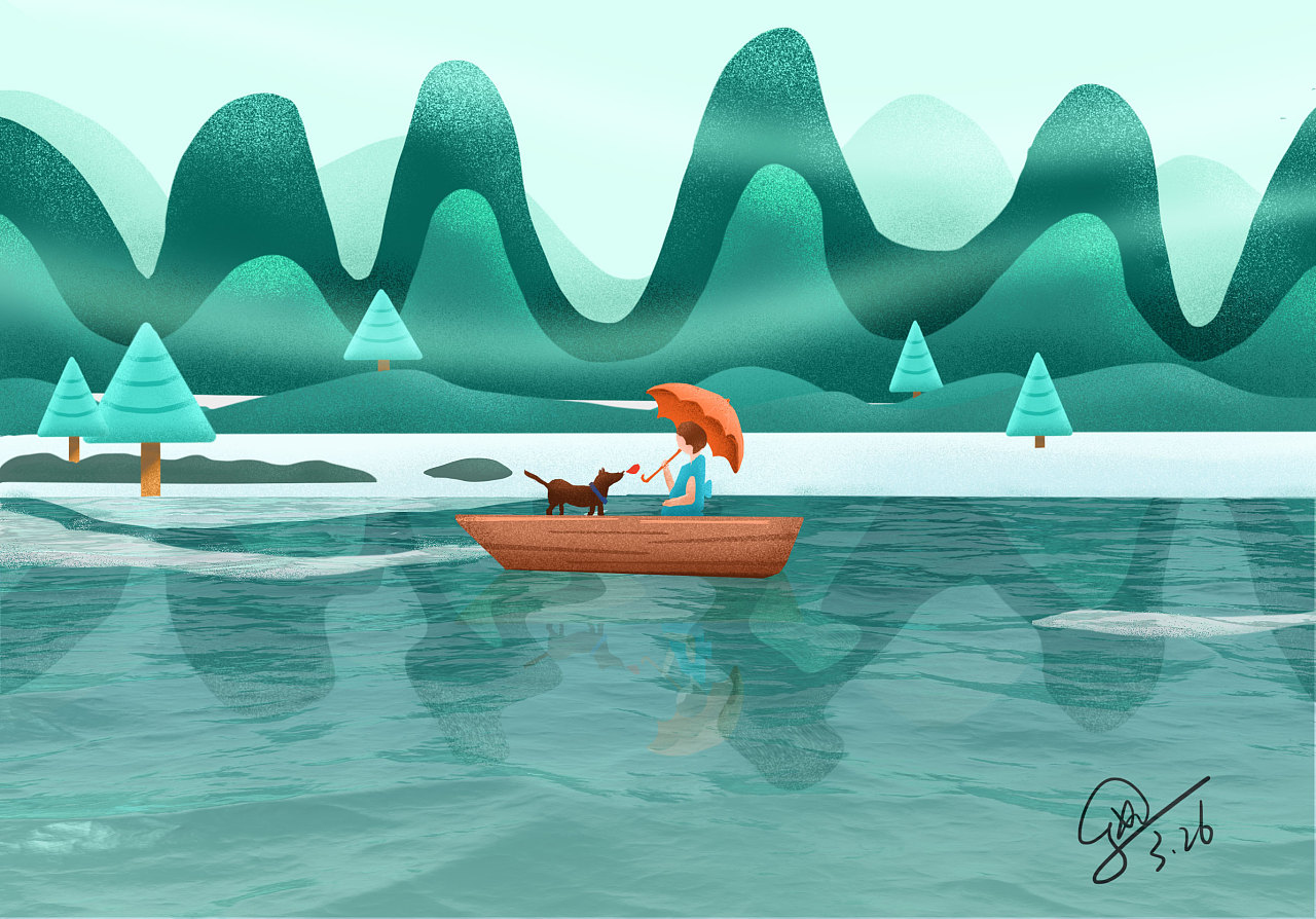 插画-湖中打伞女孩