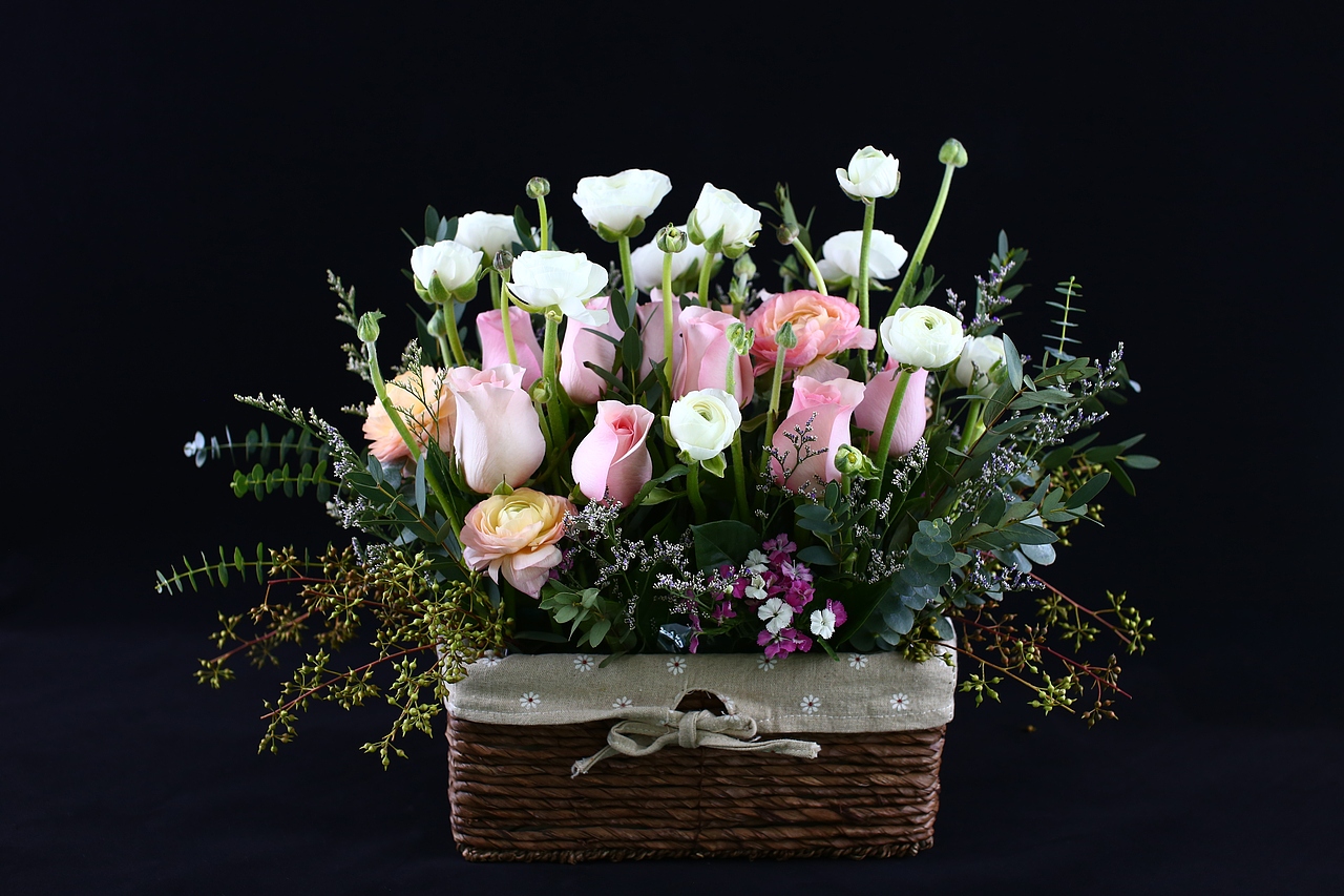 粉佳人  白毛茛  粉毛茛  情人草  尤加利叶  小尤加利果  紫色相思梅插制
