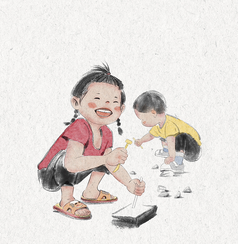 中国风水墨儿童画可爱的小女孩