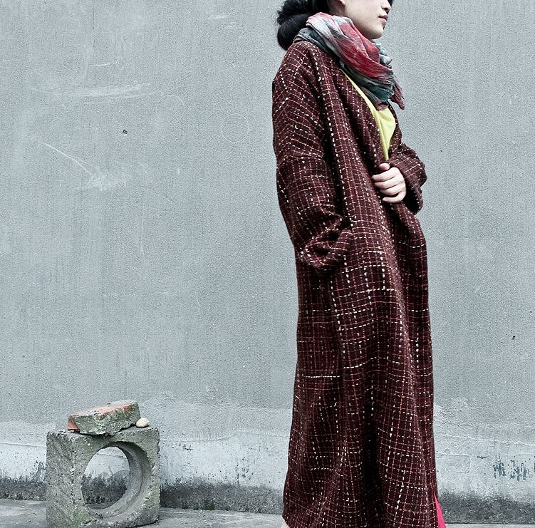 毛呢开衫外套 棉衣棉服红棕色格子