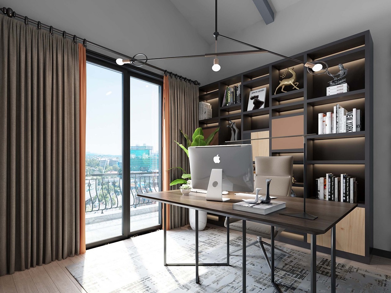 现代书房全景效果图设计制作