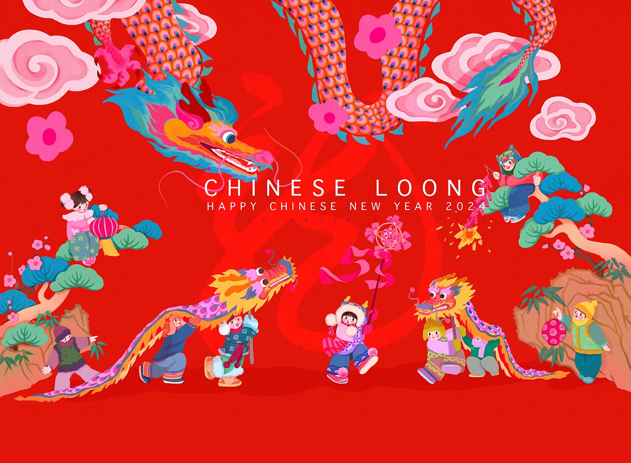 新春国风插画 |《欢喜龙腾过大年》（图ZMzYwMDkxOTI0） - 商业插画 - 站酷设计师石榴LIRIS原创素材 - 站酷ZCOOL