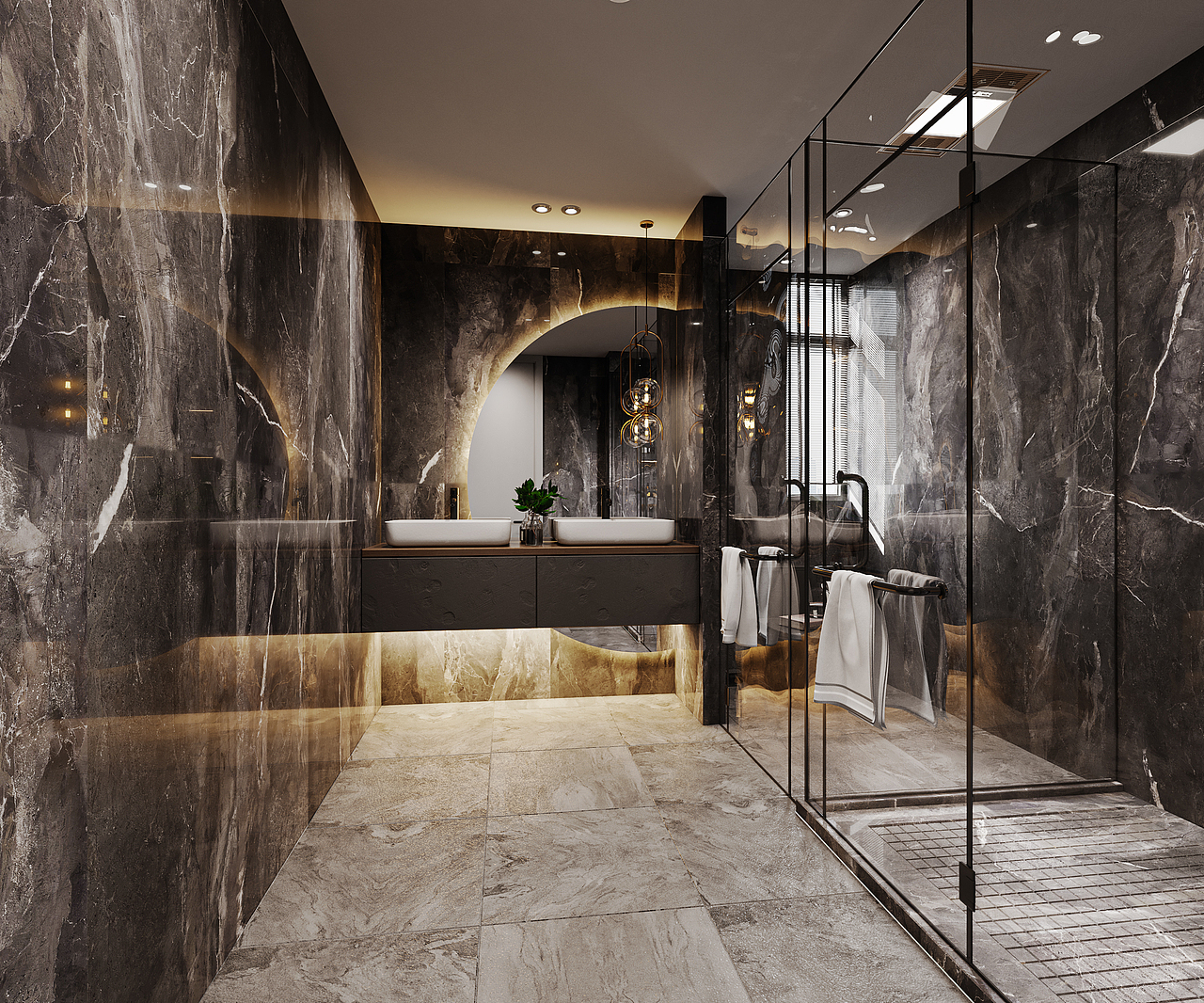 灰白调客餐厅别墅地下室卧室卫生间