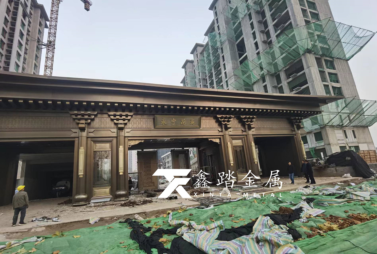 售楼部不锈钢金属门楼 仿古铜镀铜金属廊架院子