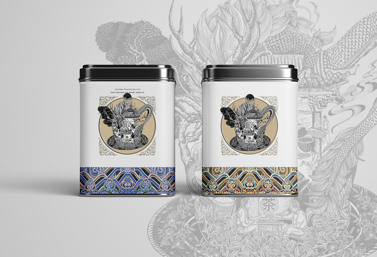 龙吟茶包装插画设计（动物与茶叶）-版画风