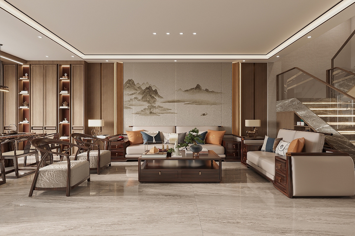 新中式客厅效果图表现