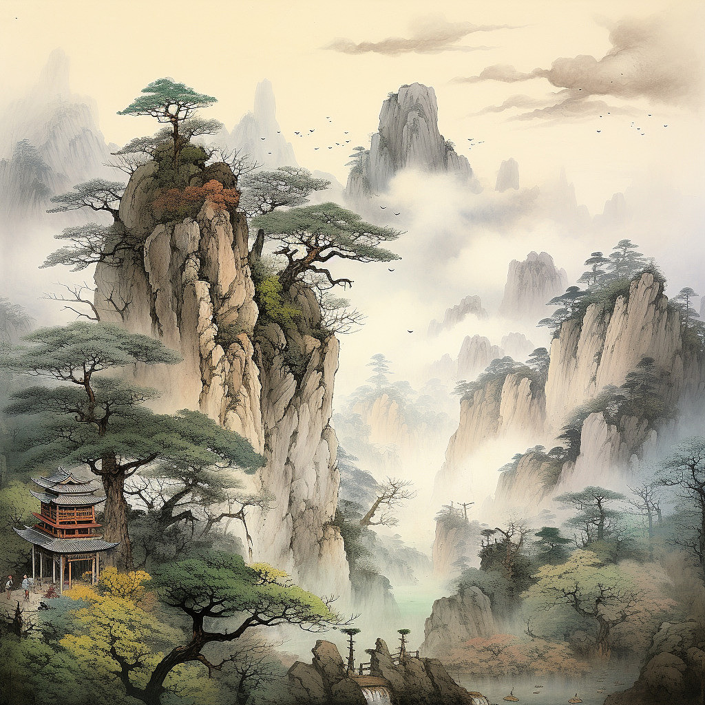 亭台楼阁山水工笔画