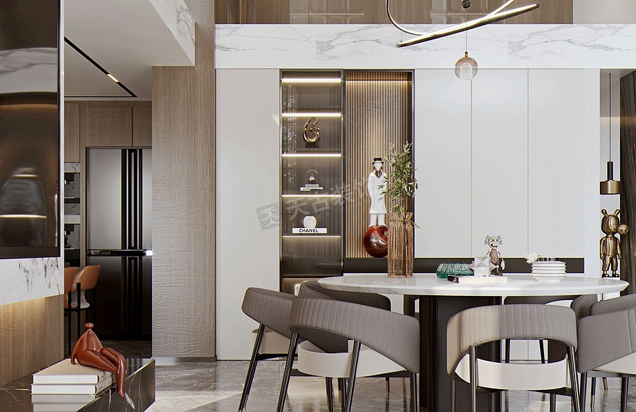 餐厅设计以木质、皮革的中性色调为主,用色彩的纯度传递细腻的质感。造型简洁,线条流畅的家具组合搭配,营造出稳定、协调、温馨的空间感受,满足现代年轻家庭的轻奢需求。没有过于抢眼的造型,亦没有丰富色彩的叠加,而是以最典型的现代简约风格,令所有的色调统一,同时,细节处流露出精致的生活情调。