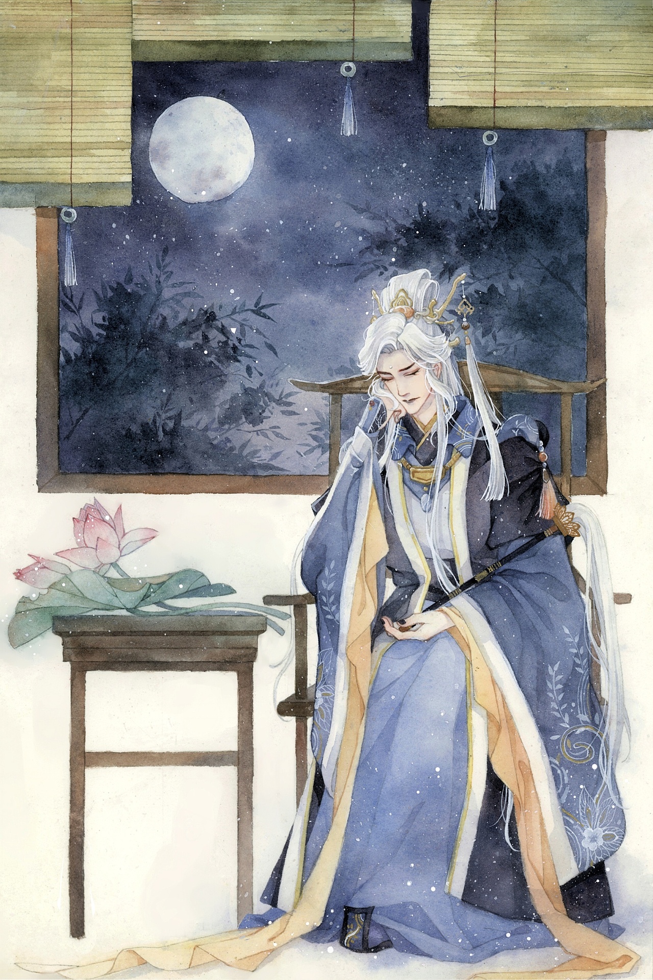 插画水彩日月才子霹霹雳布袋戏