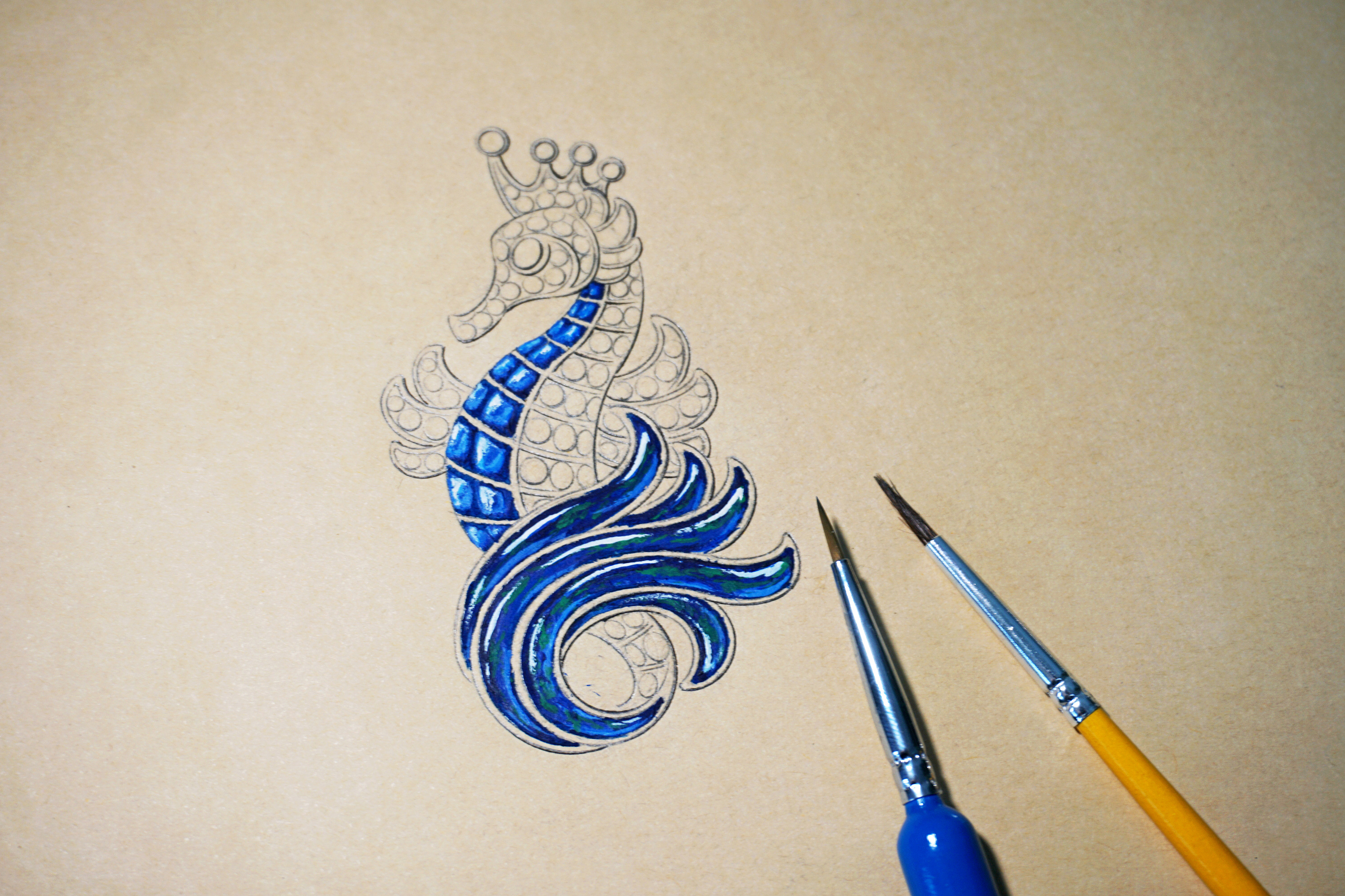 海马胸针手绘设计