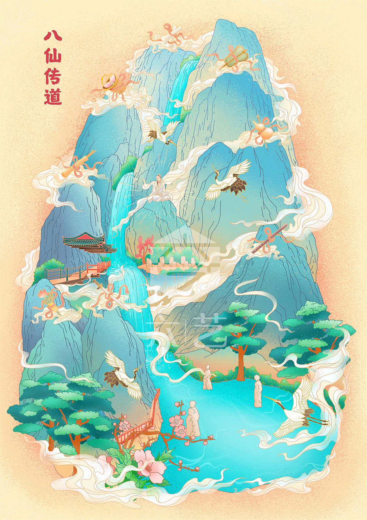 天台山景区大瀑布手绘地图导览图及古风场景插画设计