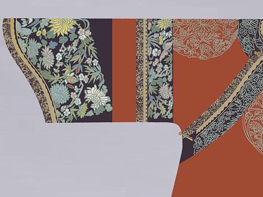 故宫大红色缂丝彩绘八团梅兰竹菊袷袍临摹