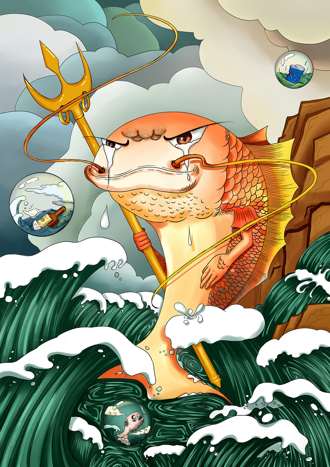 河水激起的浪花夹带着已经死亡的生物，散发出浑浊、恶心的气息，天空也是那样的灰暗。河神大人在这样的河面上看到这样的场景痛心疾首，哭红了眼。泪水滴入河流中融为一体。河神大人想说：为什么他们不知道保护环境？水是生命的源泉，源泉已被破坏，人类就不担心自己吗？看到河里这些死去的伙伴我已经无能为力，破会太严重导致河流本身的自愈功能丧失。人类啊醒醒吧......