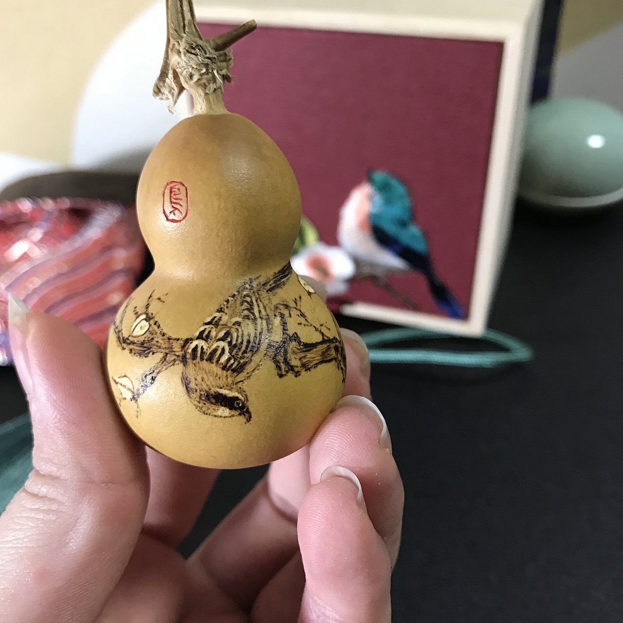 小恽老师,烙画雕刻葫芦--鸟