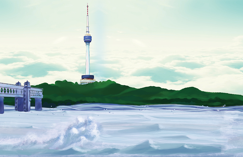 武汉黄鹤楼,龟山电视塔,江汉关大桥二桥全景长卷绘画