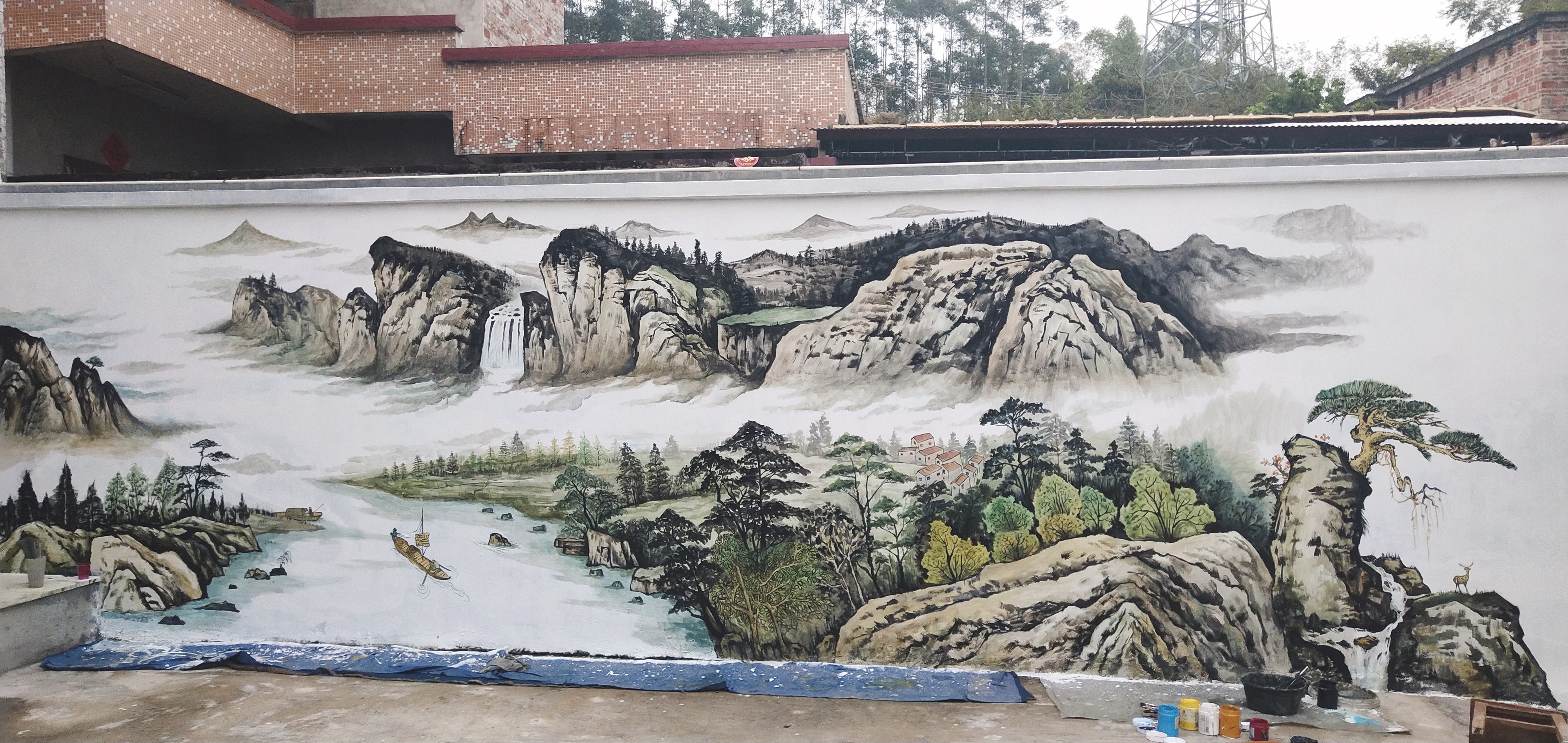 丙烯墙绘山水画图片