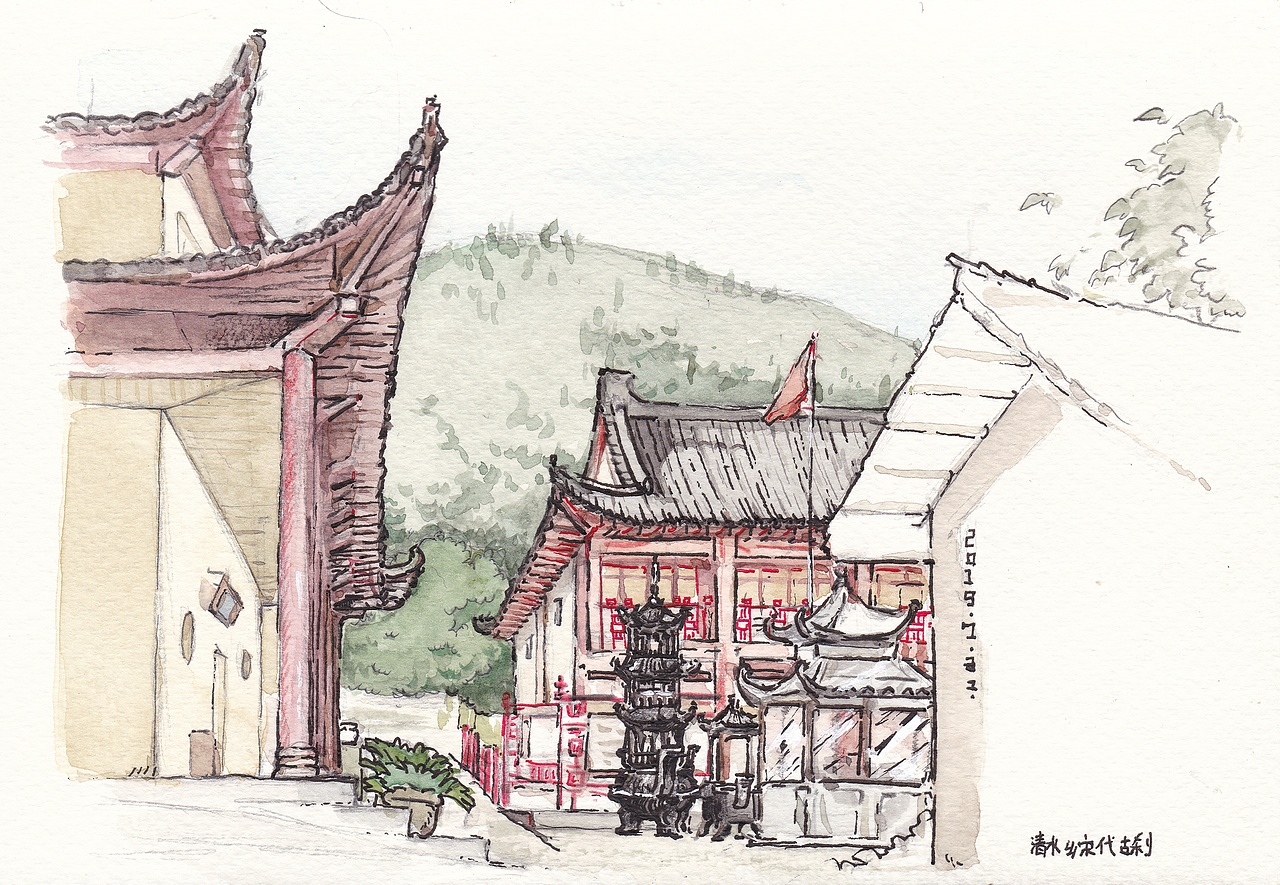 水彩画——宋朝古刹写生