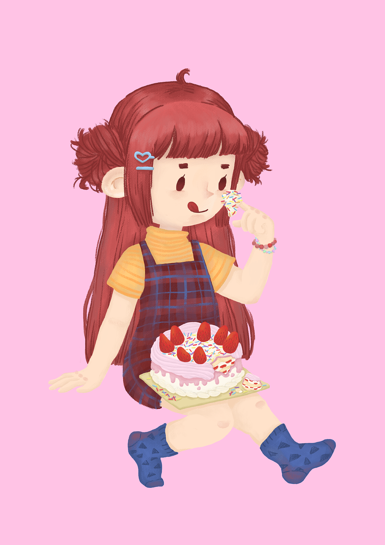 可爱风吃货女孩吃甜点蛋糕插画图片-千库网