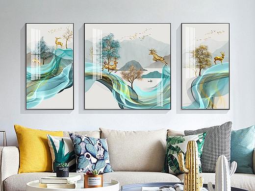 亦度/合肥装饰画设计、客厅装饰画、麋鹿轻奢画、